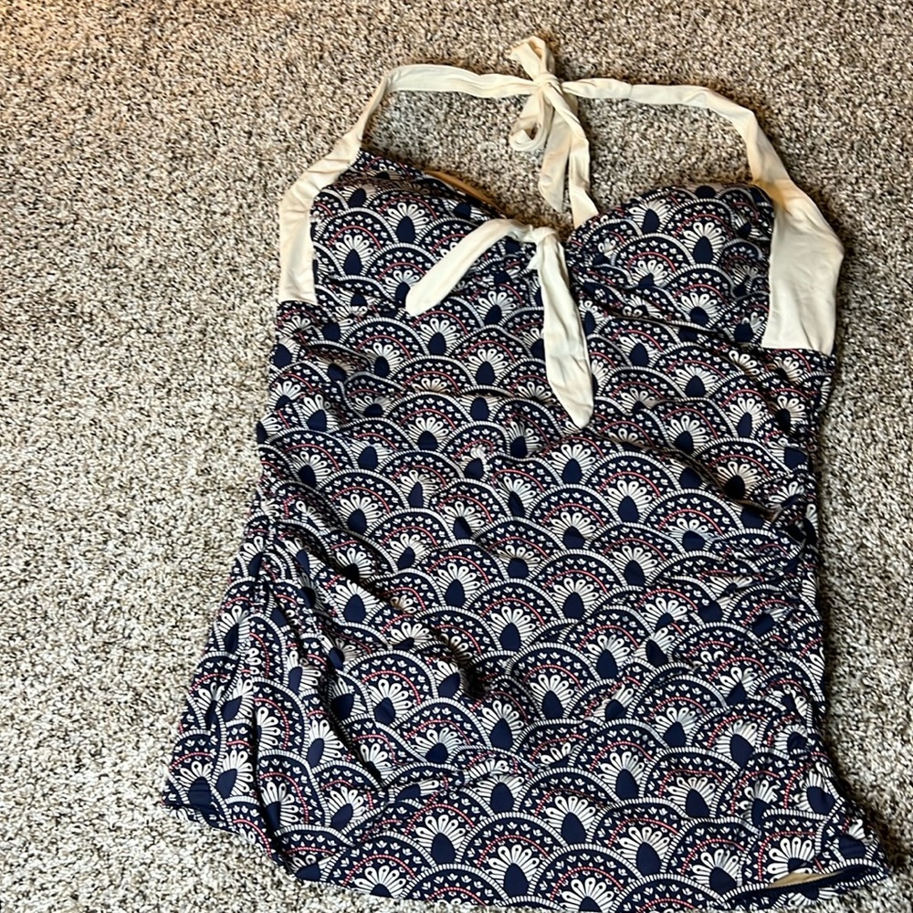 Down East Womens ruched side tankini top, blue with white and pink detail